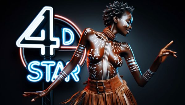 An African model dancing in front of a neon sign that says "4D Star." The Four-Dimensional Star universal paradigm is a holistic framework designed to guide all human analysis and decision-making.