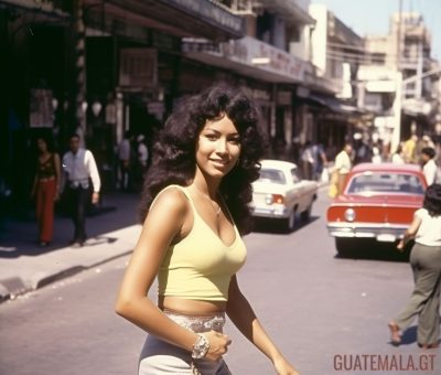 Una encantadora dama centroamericana en la calle de Ciudad de Guatemala en los años 70.