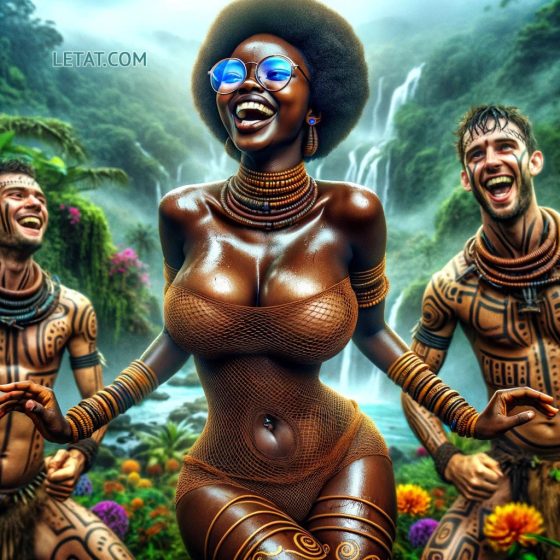 An African model in a bikini with her two European boyfriends who are competing for her love in an interracial jungle relationship