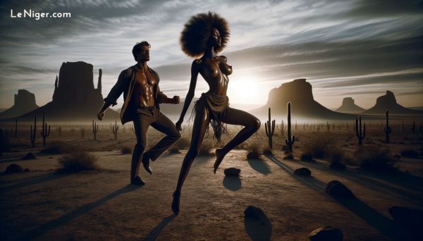 Un mannequin ouest-africain et son petit ami européen dansent le ballet dans le désert du Sahara, près de Niamey, au Niger. Leur amour interracial perdure bien qu'il ait fait scandale dans les médias nigériens.