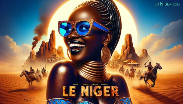 Affiche d'un film nigérien mettant en scène une belle chanteuse d'Afrique de l'Ouest qui remporte une grande bataille d'amour dans le désert du Sahara. Ce film a remporté la première place au festival du film de Ouagadougou.